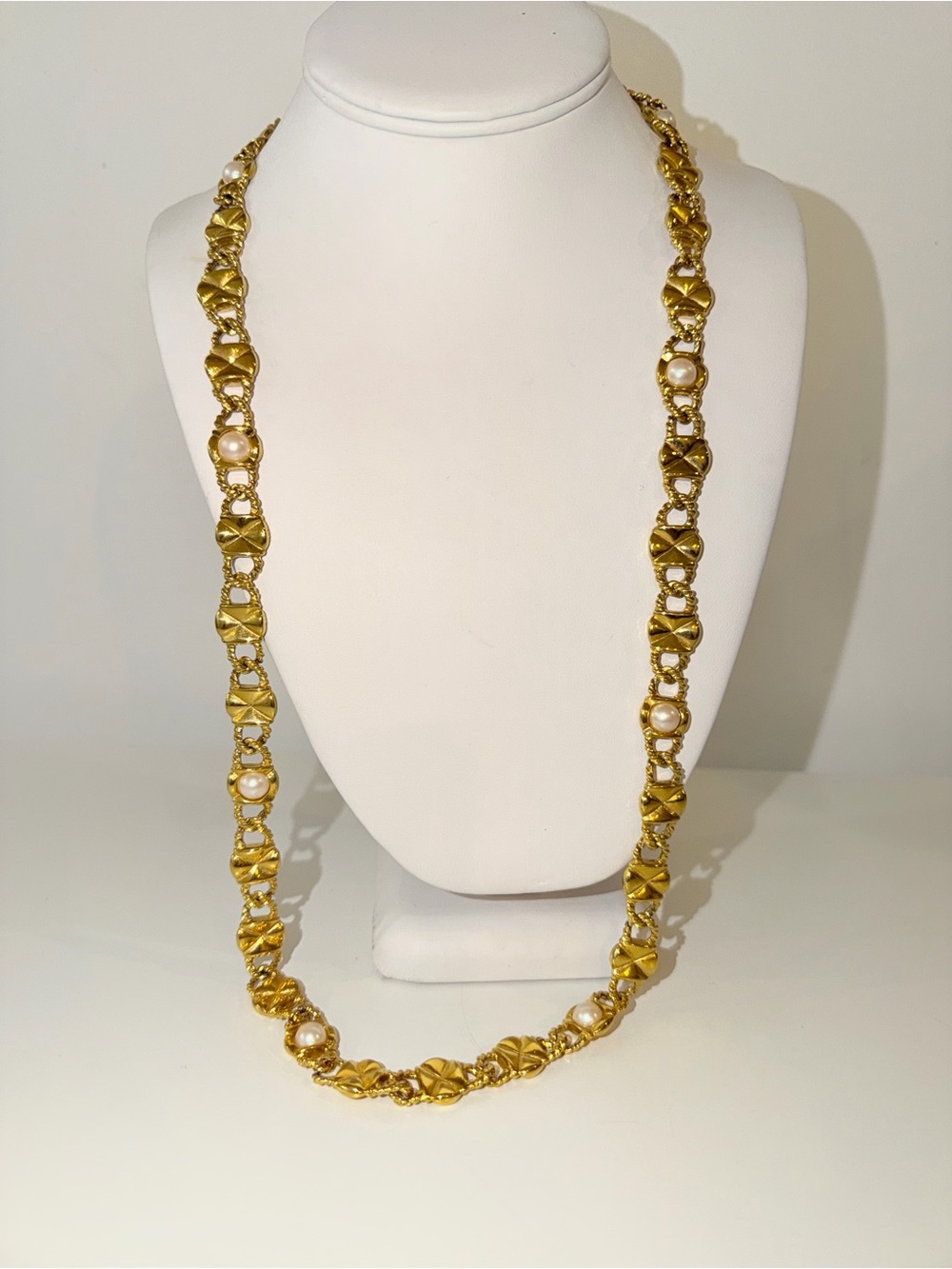 Vintage Signed Anne Klein Gold-Tone & Faux Pearl Chunky Long Necklace